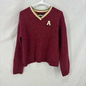 Abercrombie Fitch Burgundy Wool V Neck Sweater Womens Medium Varsity Logo